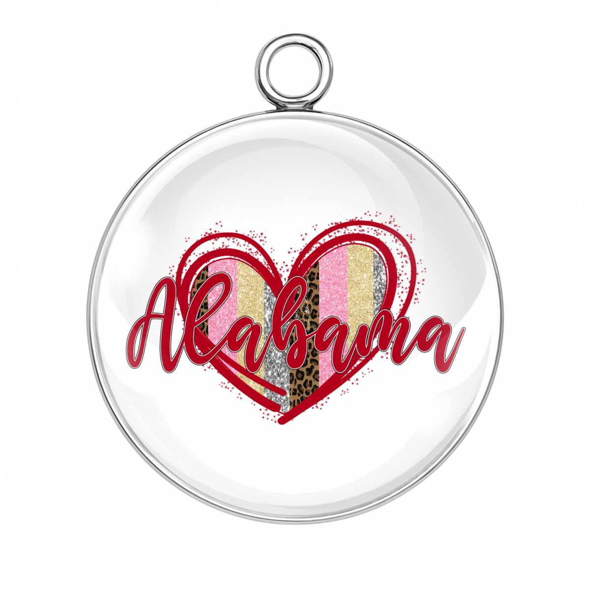 Clear circular pendant with 'Alabama' in a heart shape and leopard print accents on a white background