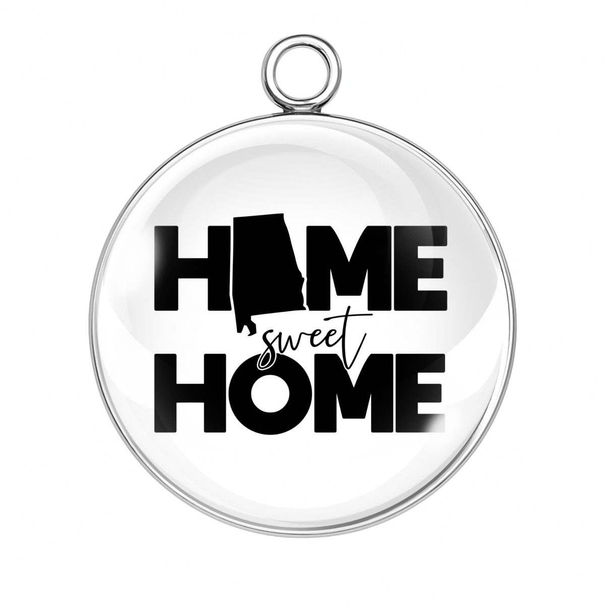 Clear round pendant with 'Home sweet Home' text on a white background