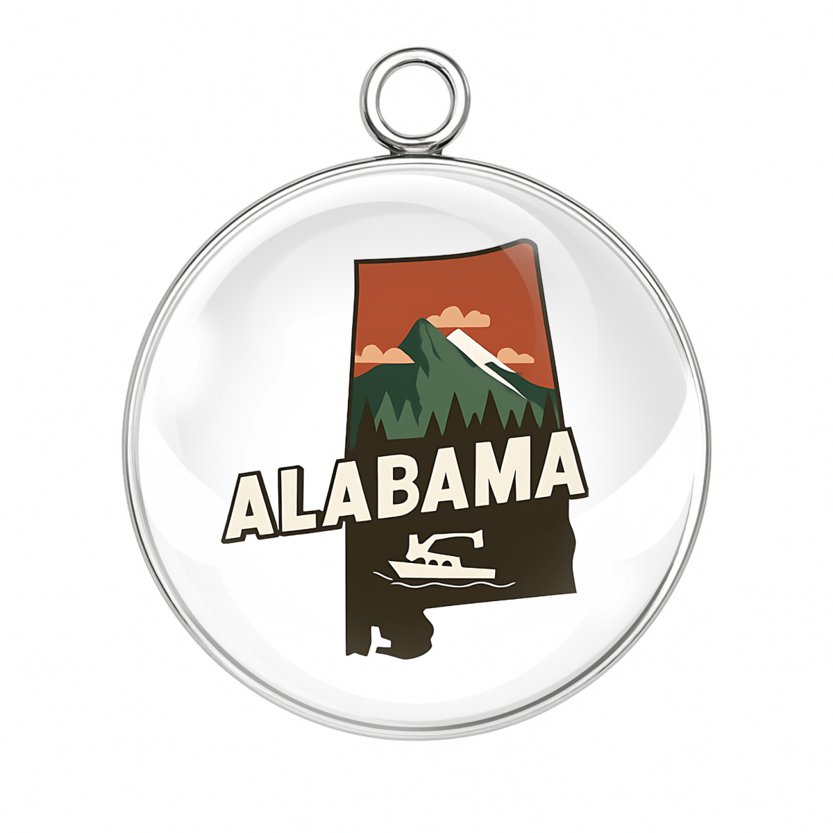 Round pendant with a map of Alabama and mountain design on a white background
