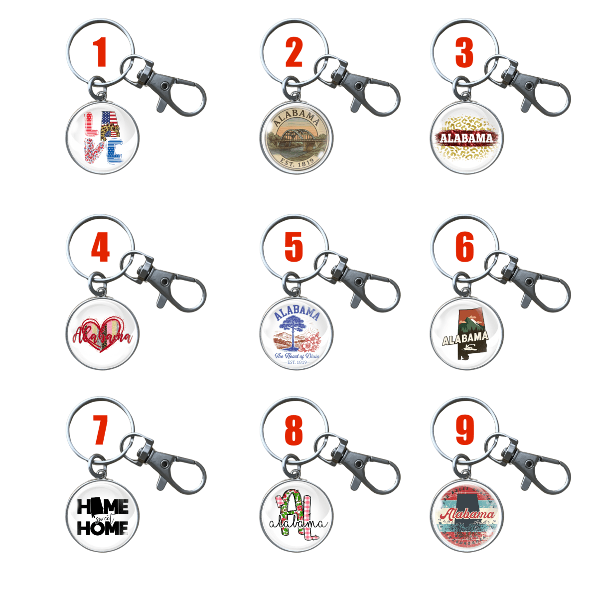 Alabama Keychains | 9 Styles | Handmade Glass Cabochon Keyrings | Stainless Steel
