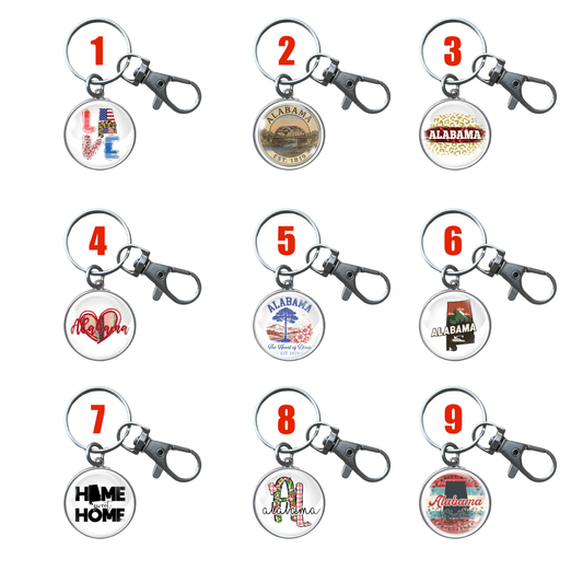Alabama Keychains | 9 Styles | Handmade Glass Cabochon Keyrings | Stainless Steel