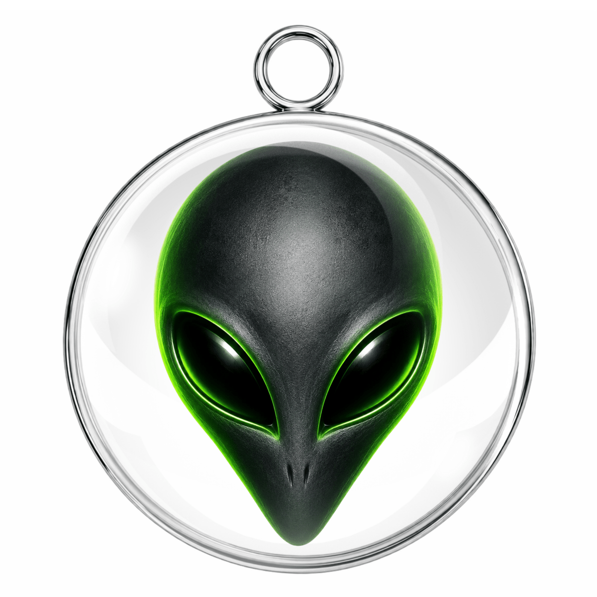 Alien head pendant with green eyes in a clear sphere on a white background