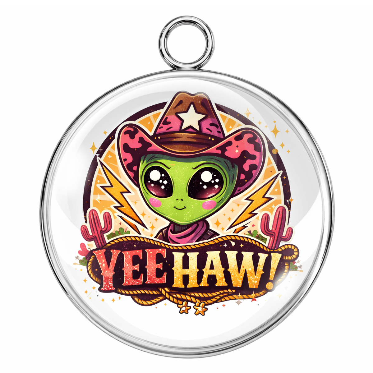 Circular pendant with a cartoon alien in a cowboy hat and 'Yeehaw!' text on a white background