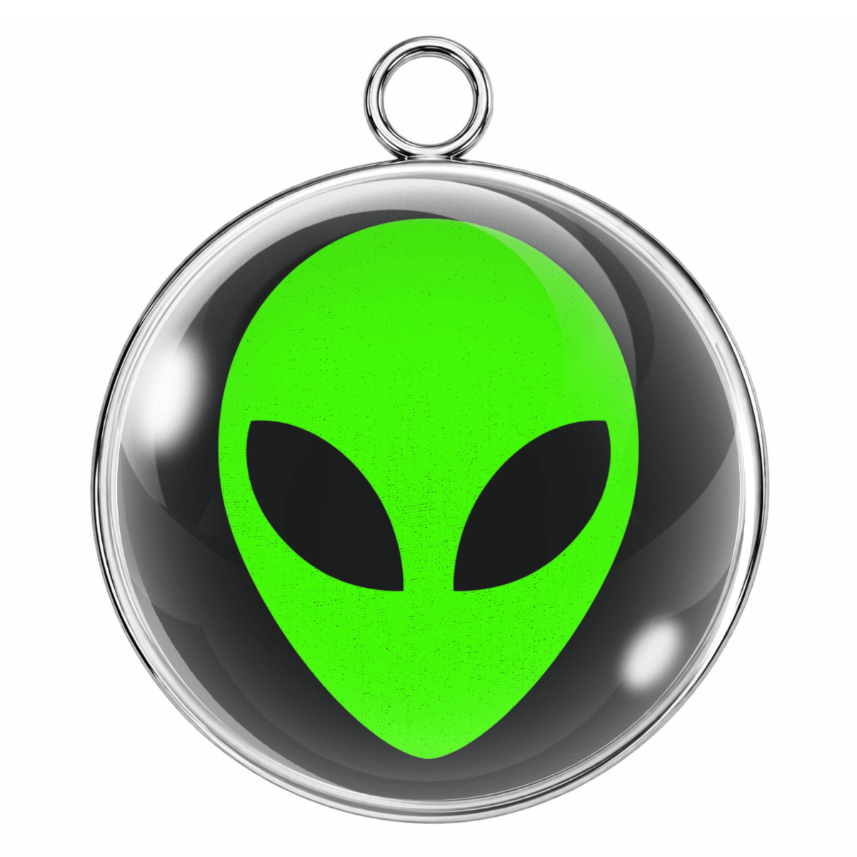 Green alien head pendant with silver frame on a white background