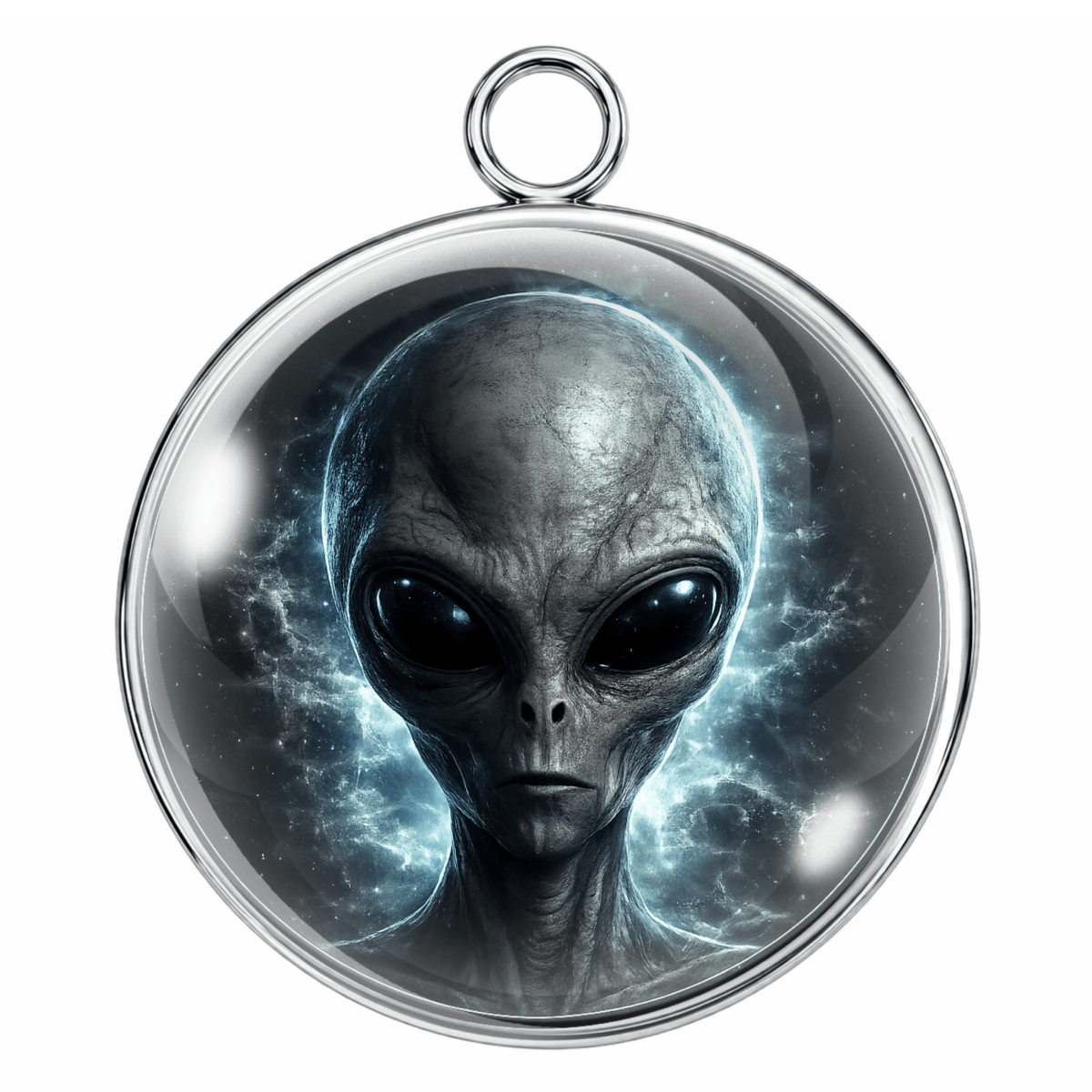 Alien head pendant with a silver chain on a white background