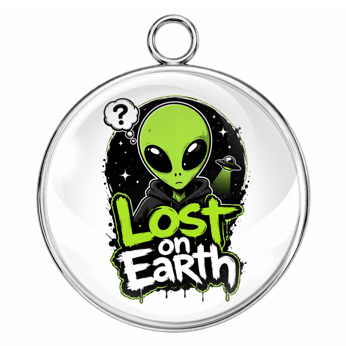 Circular pendant with a green alien design and 'Lost on Earth' text on a white background