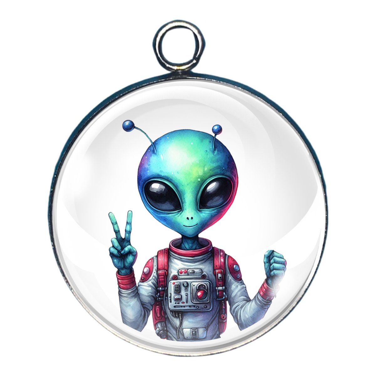 a charm depicting an alien giving a peace  sign with his hands