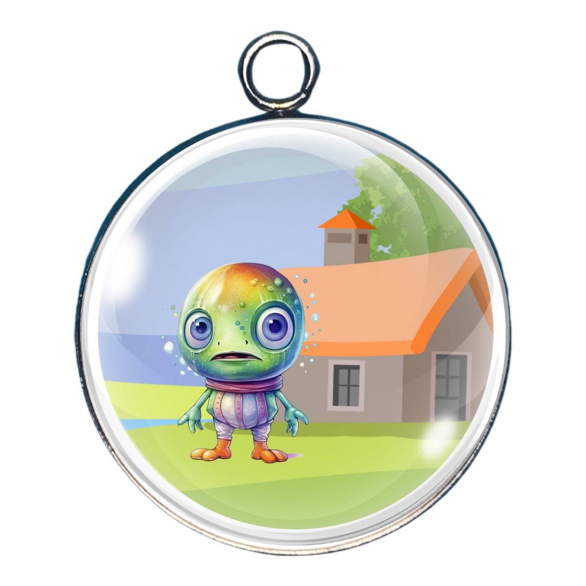 a charm depicting an alien outisde a home