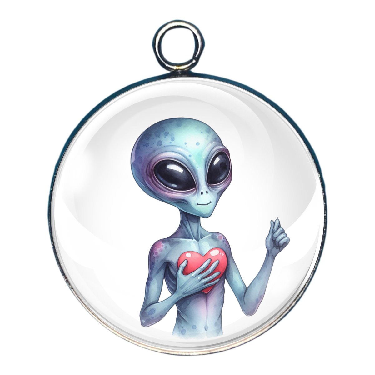 a charm depicting an alien with his hearton his chest