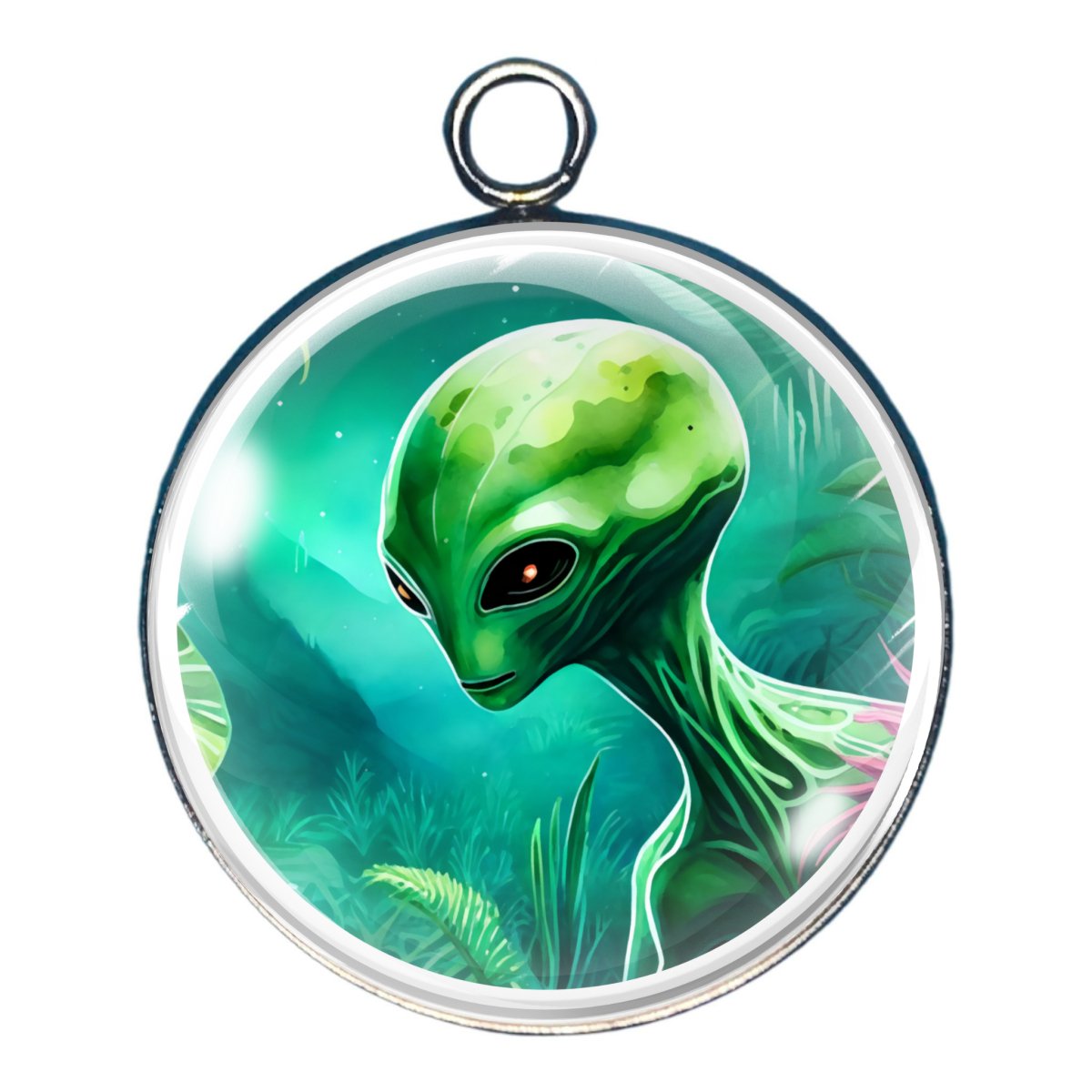 a charm depicting an alien in the woods