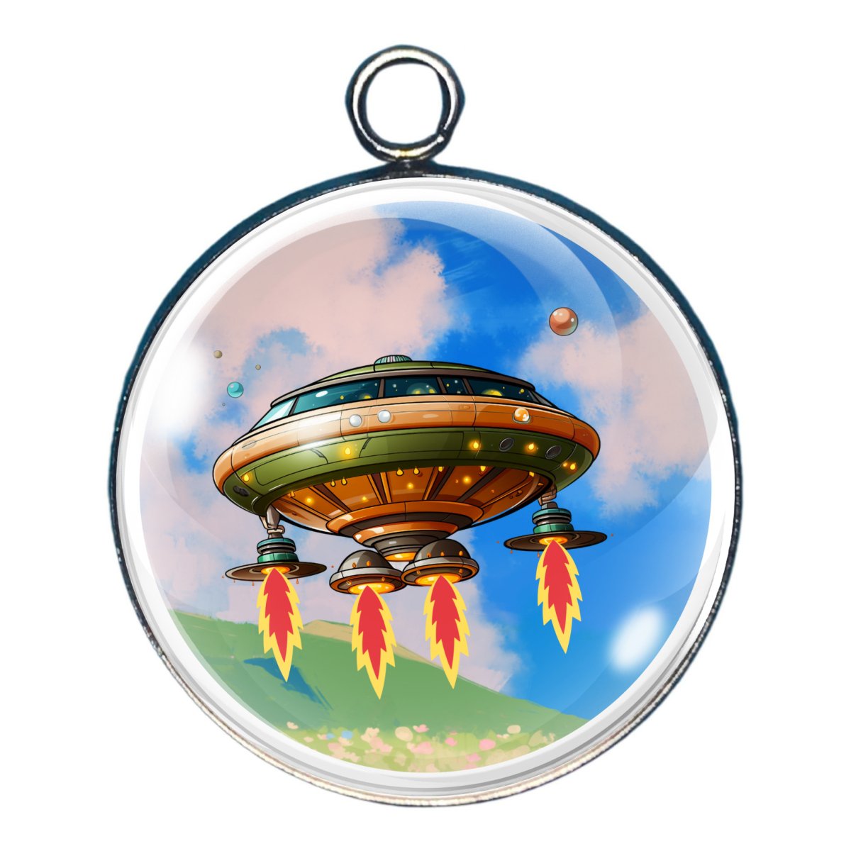 a charm depicting a spacecraft 