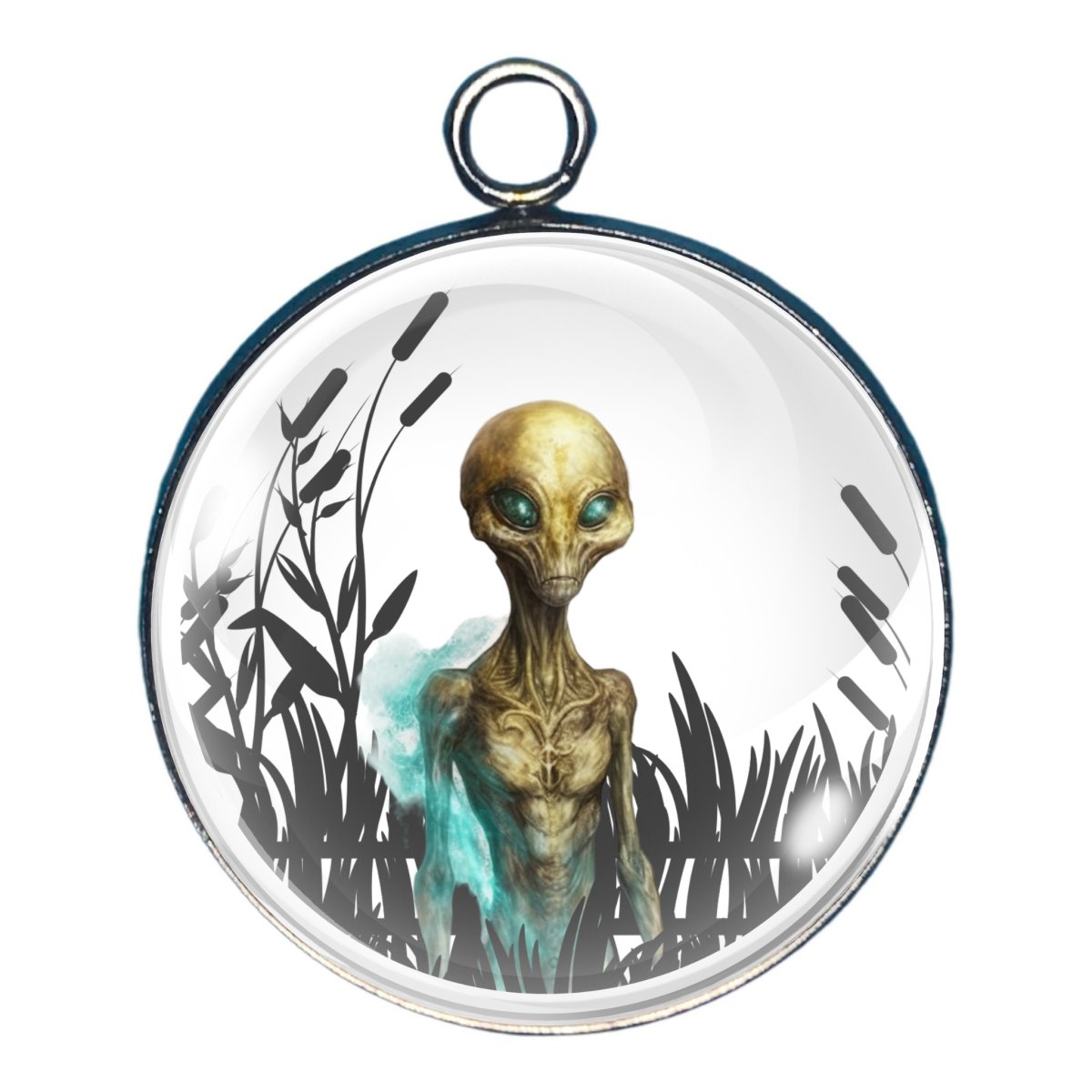 a charm depicting an alien in a field