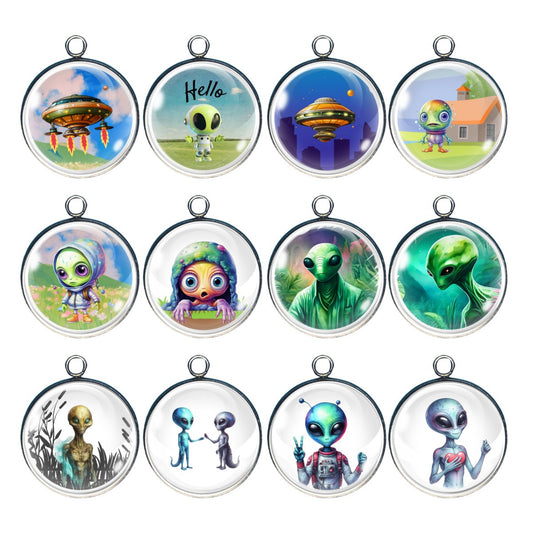 Group of 12 charms depicting aliens and spacecraft