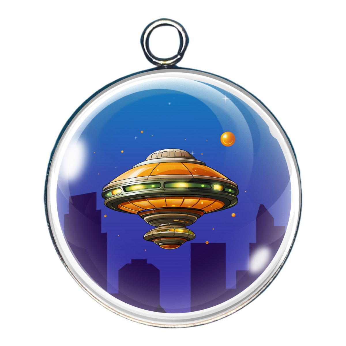 a charm depicting a spacecraft over the city skyline