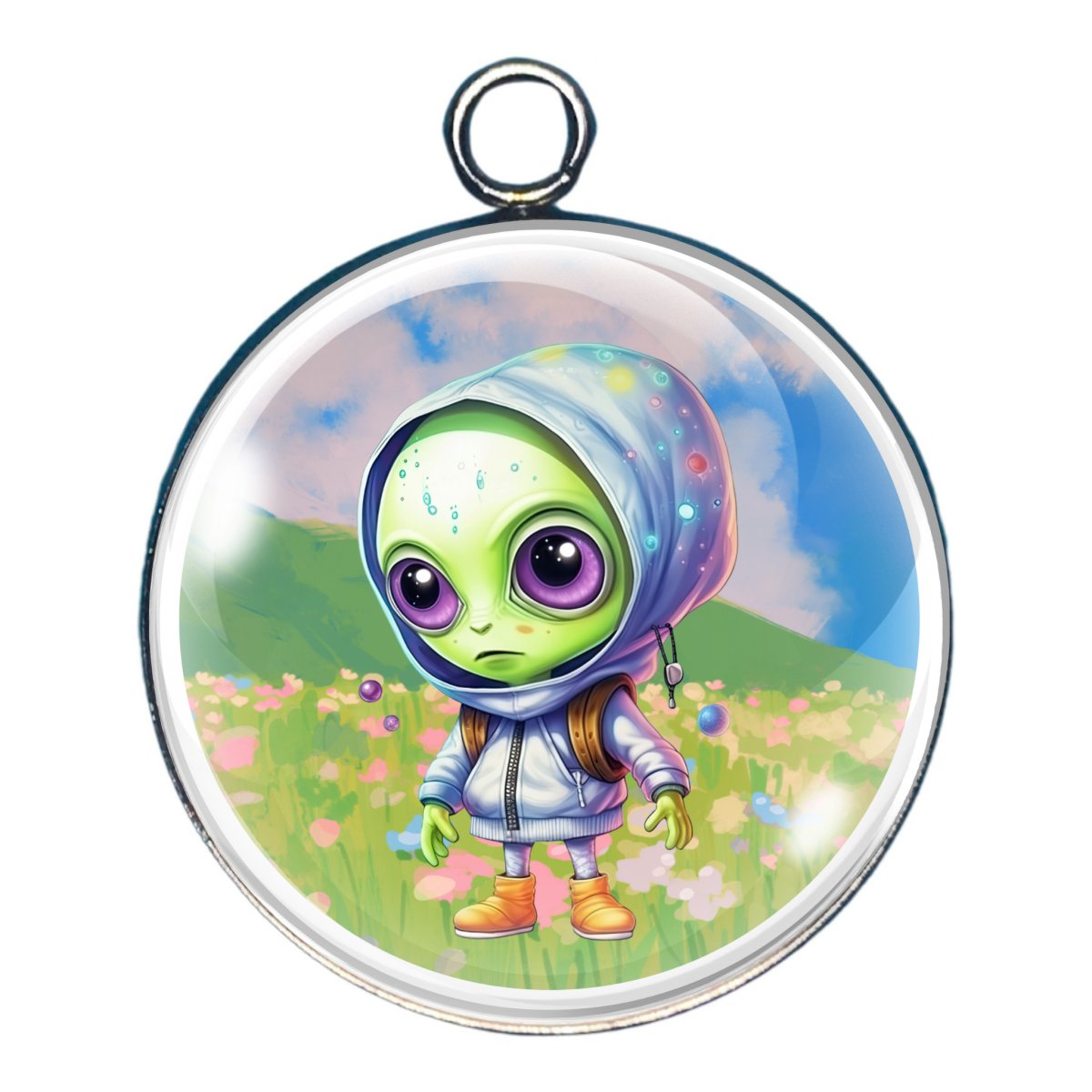 a charm depicting aqn alien wearing a hoodie in a field of flowers