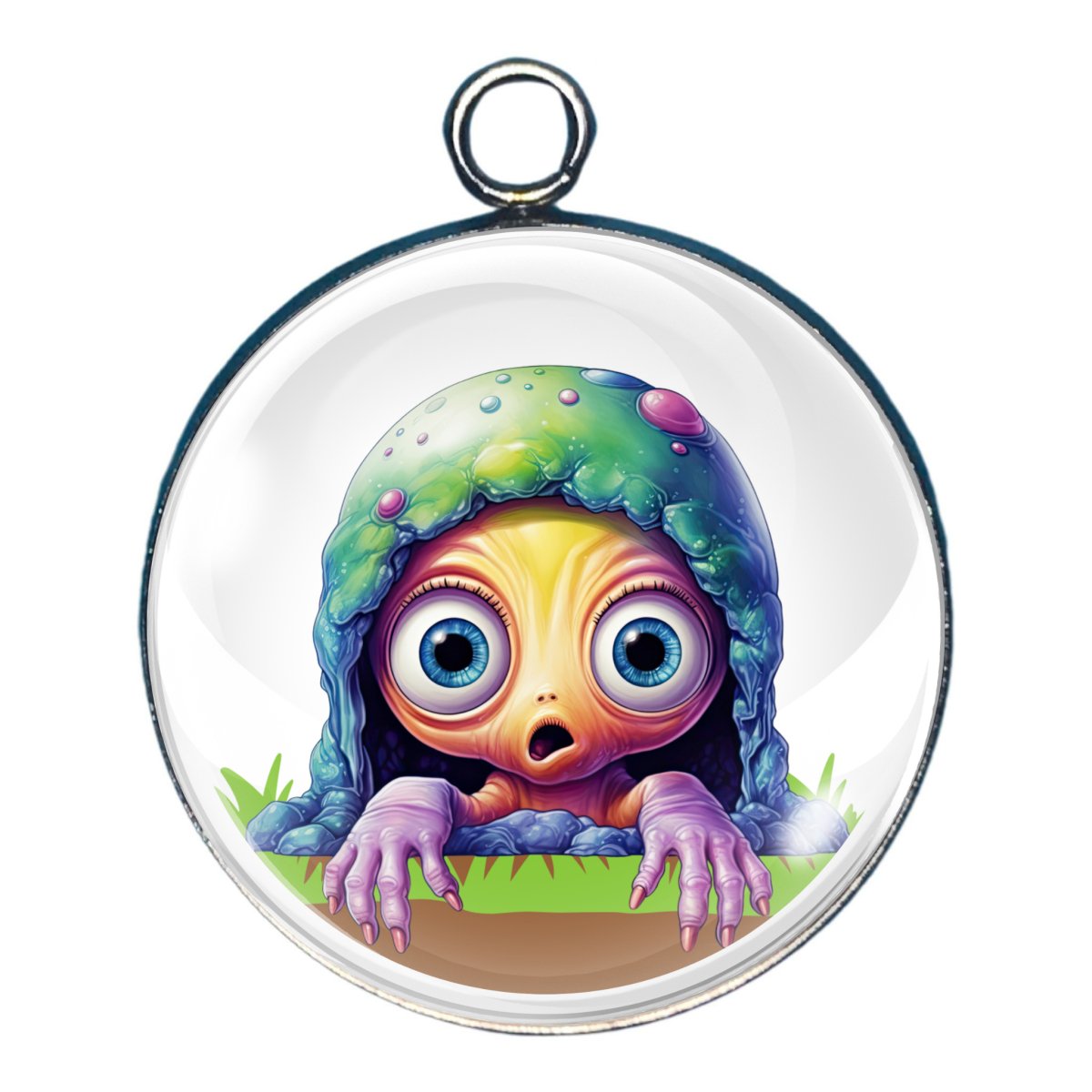 a charm depicting an alien peeking over a hedge of dirt with a shocked look on its face