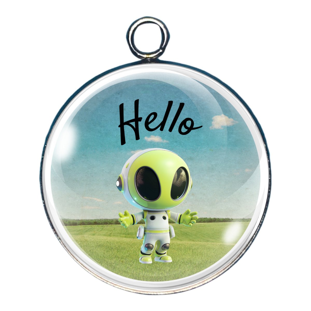 a charm depicting an alien with his arms outstretched with the word Hello 