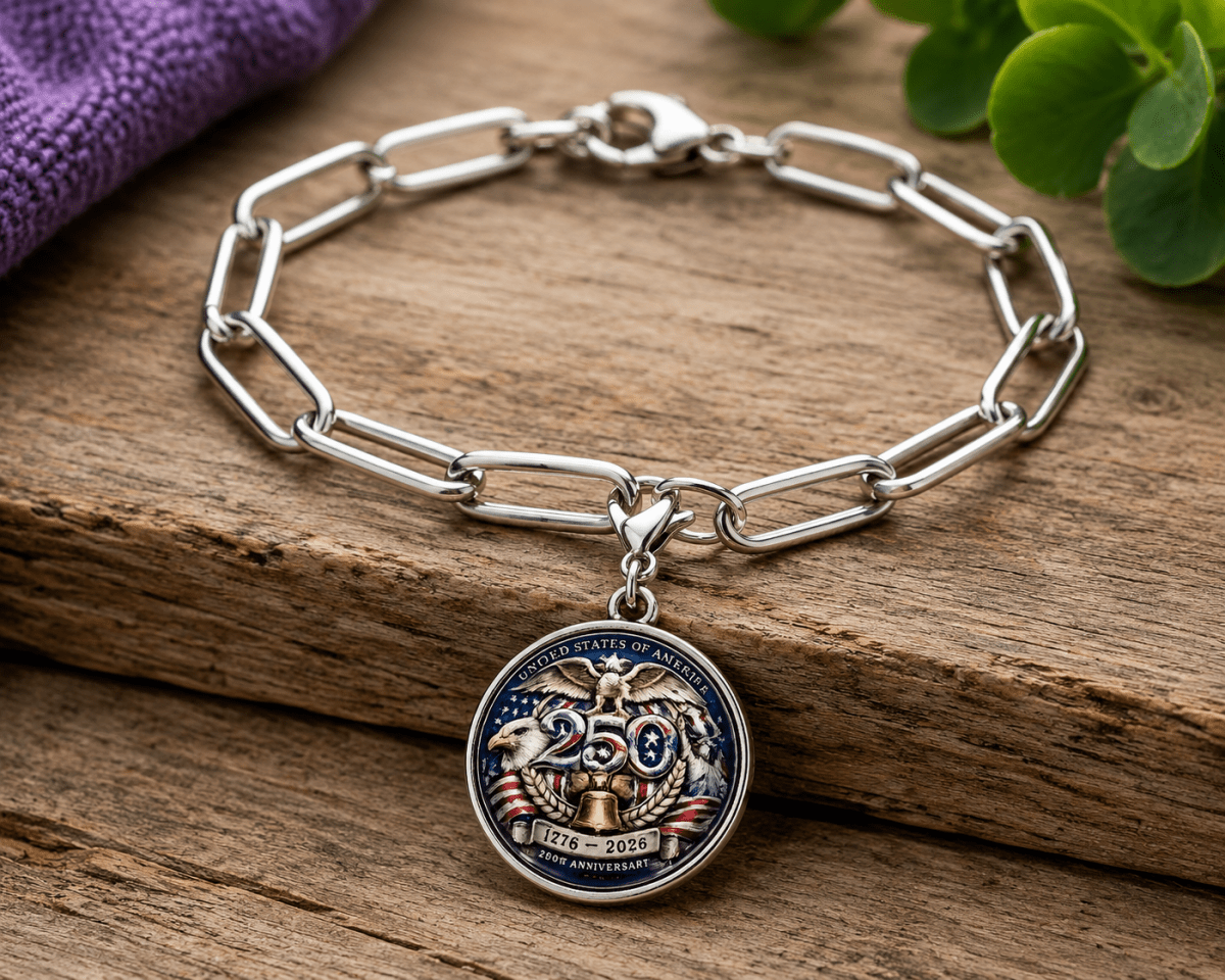 America 250th Anniversary Glass Cabochon Charm – 1776-2026 Patriotic Eagle Liberty Bell – 18mm Tibetan Silver Lobster Clasp Charm