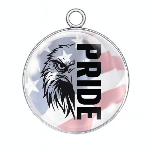 Round pendant with eagle design and 'PRIDE' text on an American flag background