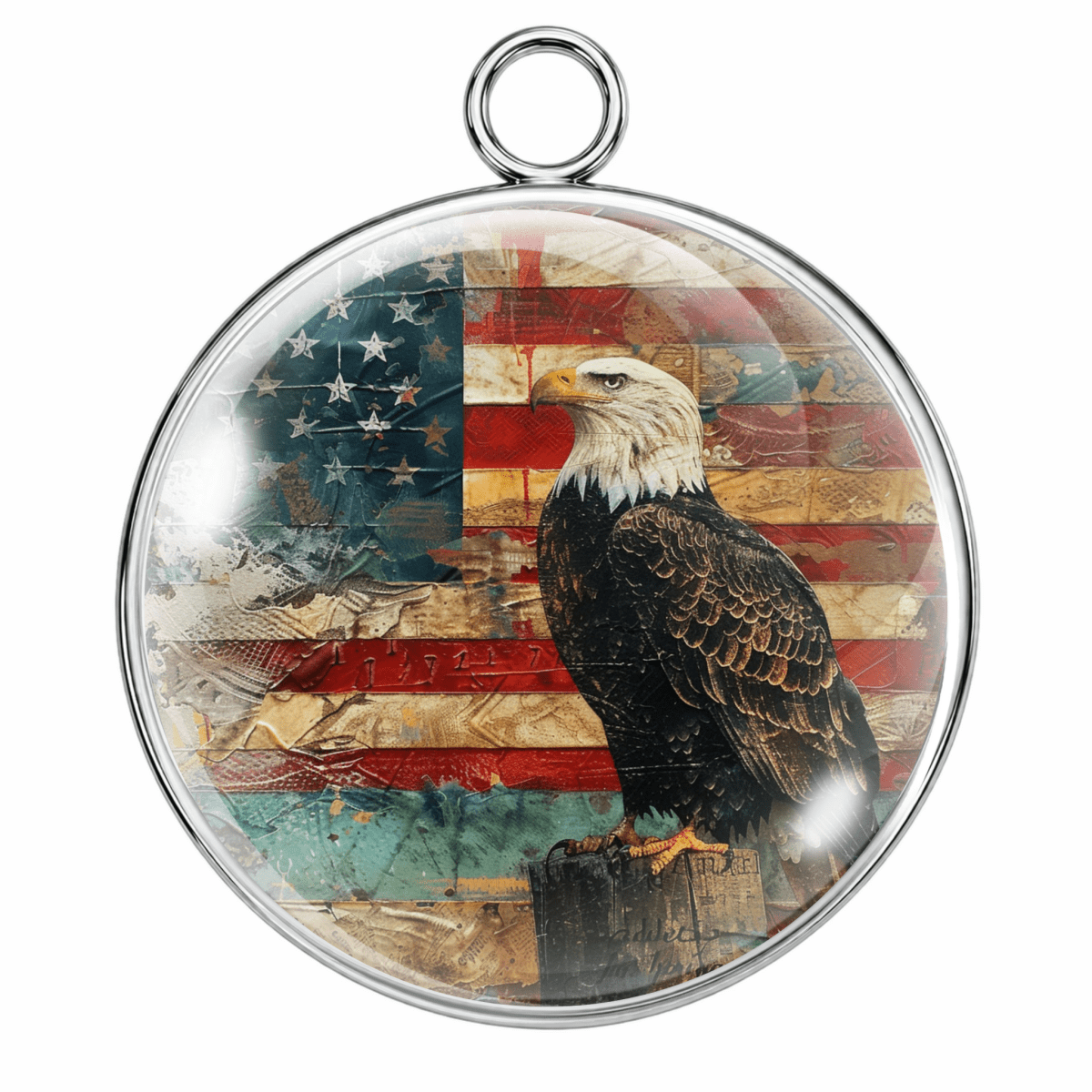 Pendant with bald eagle and American flag design on a white background