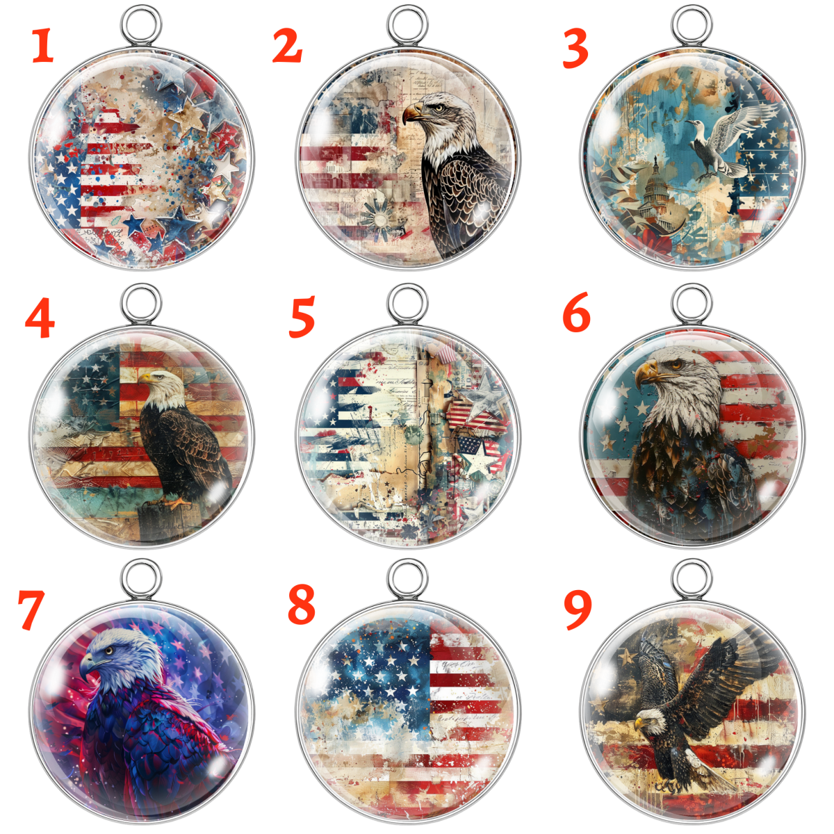 Nine circular pendants featuring American flags and bald eagles on a white background.