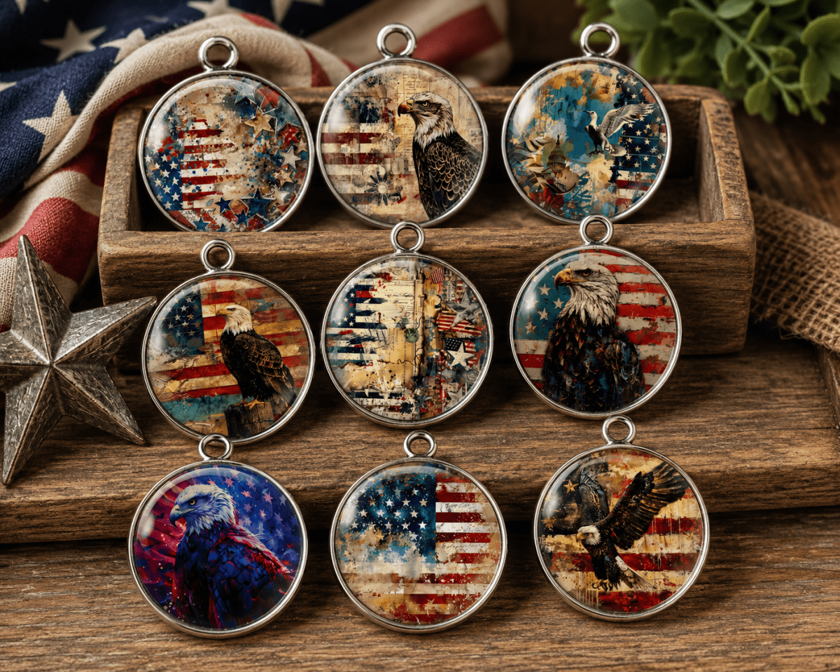 Collection of patriotic-themed pendants on a wooden surface with an American flag and star in the background.