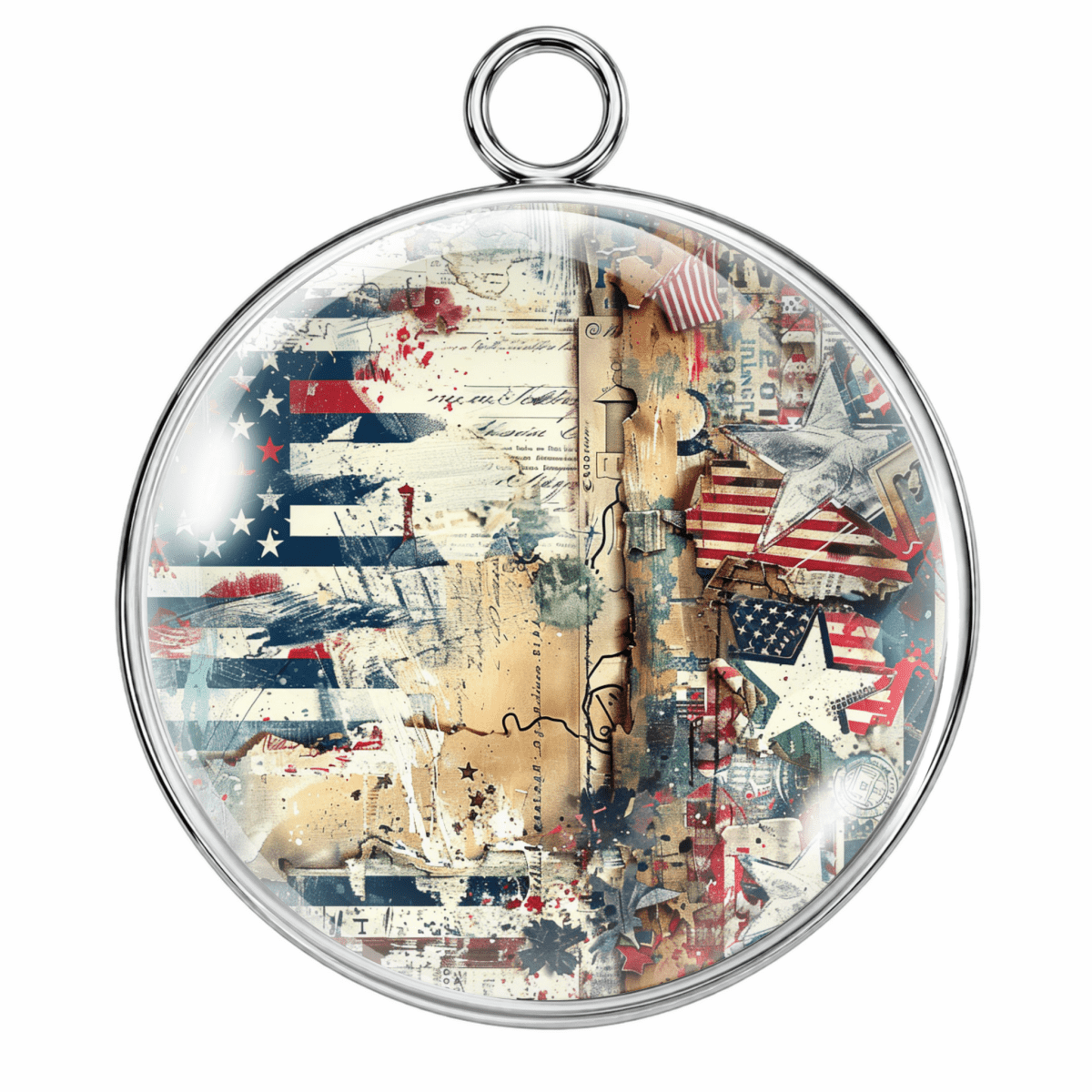 Round decorative item with American flag design on a white background