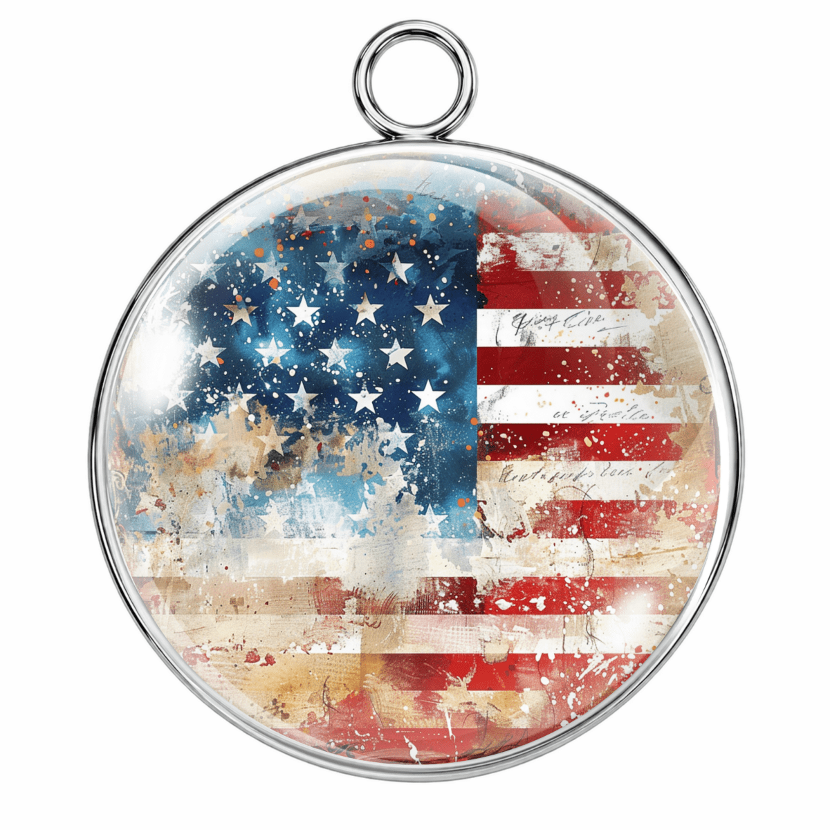 Round pendant with American flag design on a white background