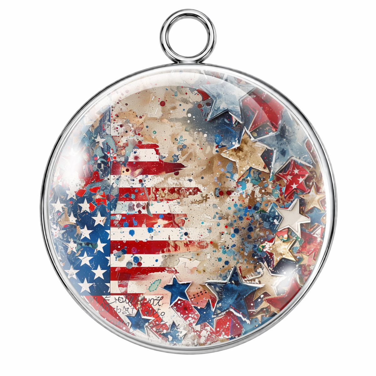 Round pendant with American flag design and star patterns on a white background