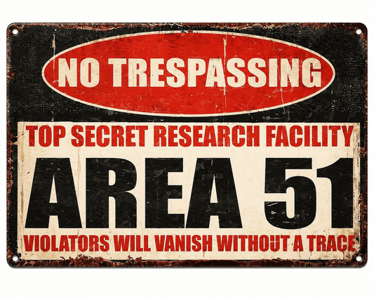 Area 51 No Trespassing Metal Tin Sign – 8" x 12" Funny Alien UFO Warning Wall Decor | Vintage Top Secret Research Facility Sign