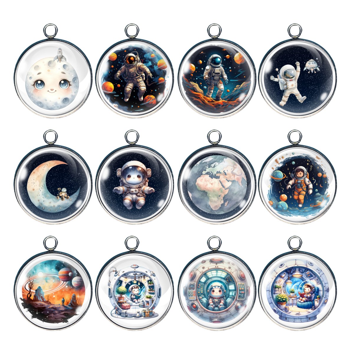 Group of 12 charms depicting astronauts in space, kids in spaceships and spaceships on the moon