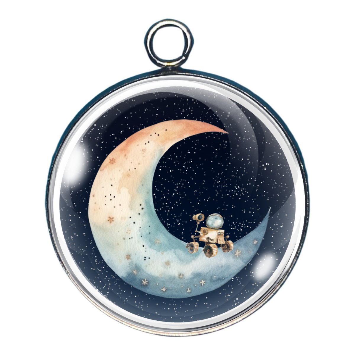 a charm of a sliver of moon with a moon rover on it.