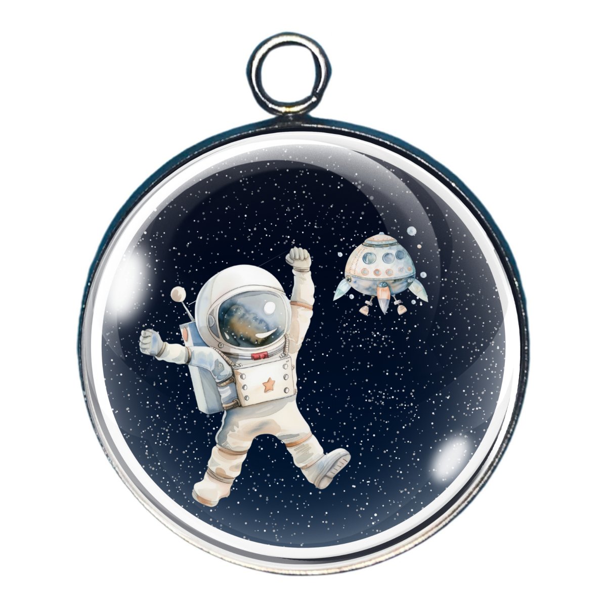  a charm depicting an astronaut floating in space with a spaceship in the background