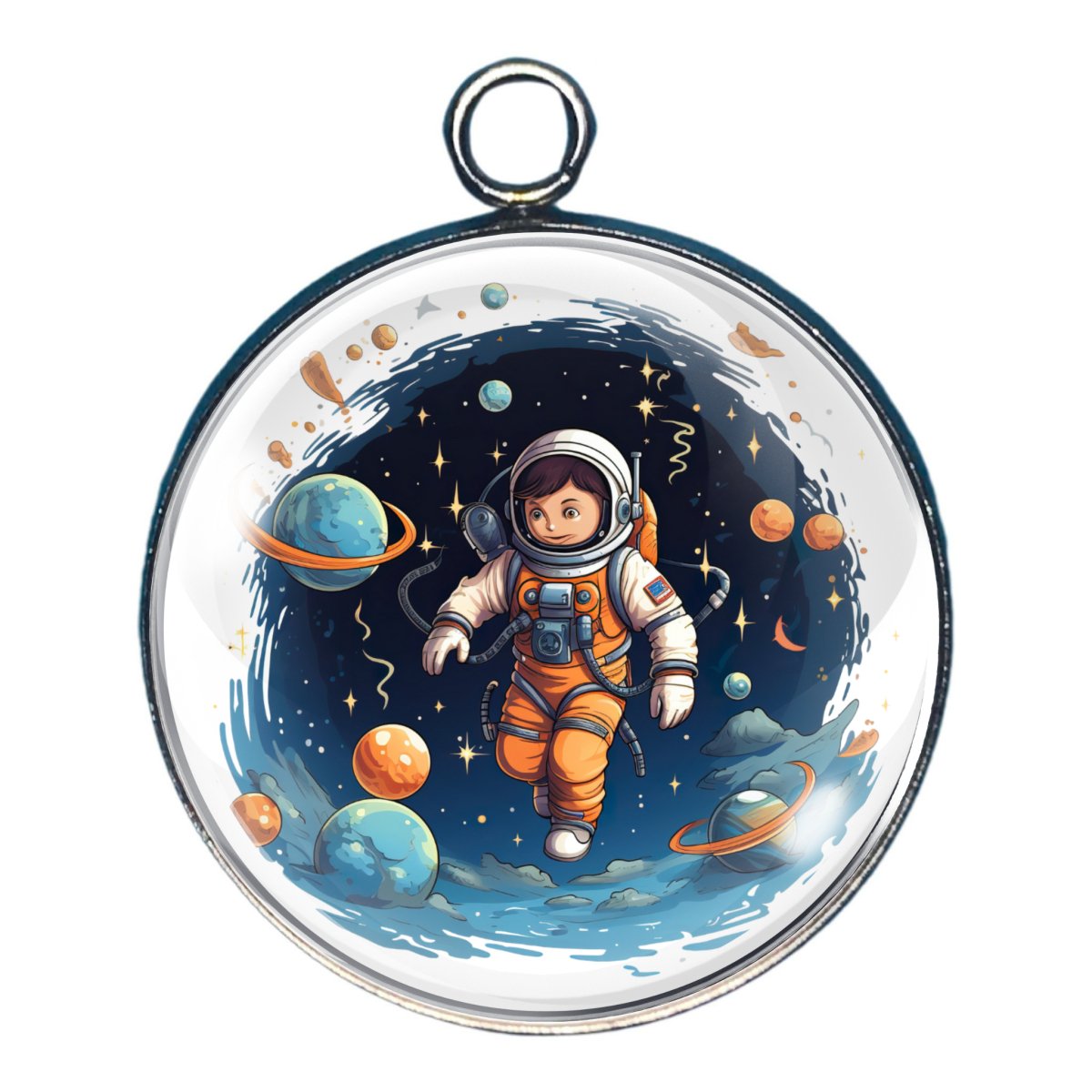 a charm of an astronaut in outer space with planets