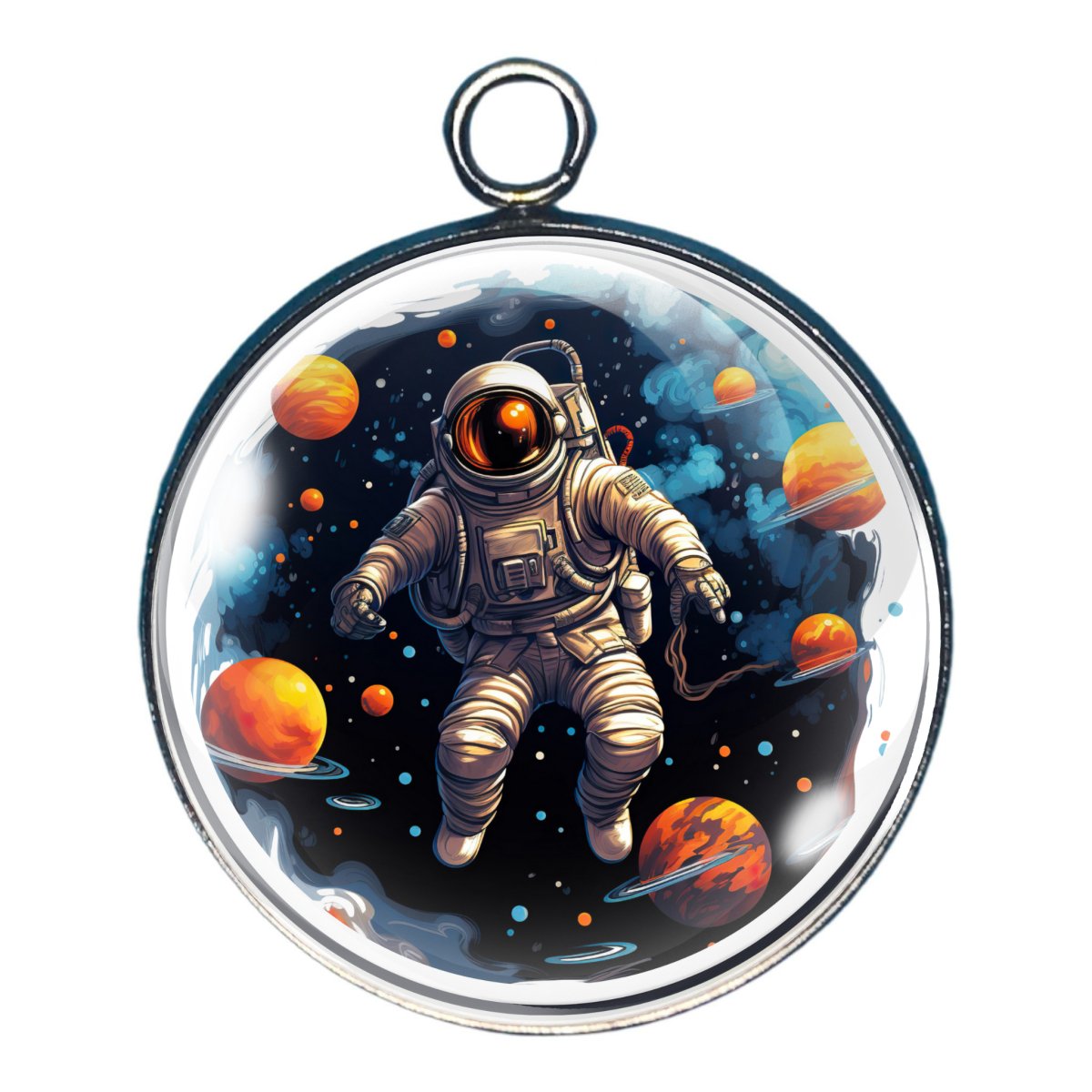 charm with an astronaut floating in space  with planets in the distance.