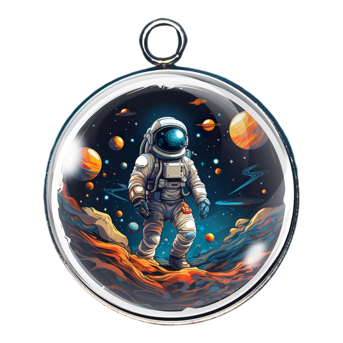 a charm depicting an astronaut waling on a planet in space