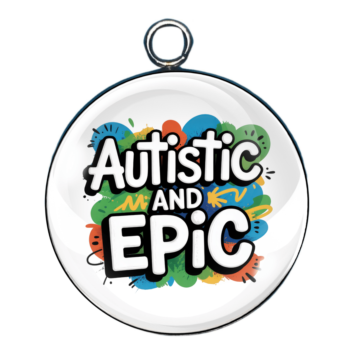 Charm 4:
"Glass charm with 'Silence Speaks' in bold, vibrant colors and paint splatter effect."