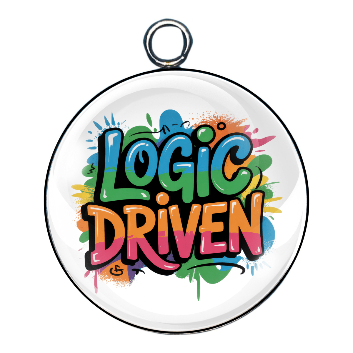 Charm 9:
"Cabochon charm with 'Logic Driven' written in funky colorful bubble letters."