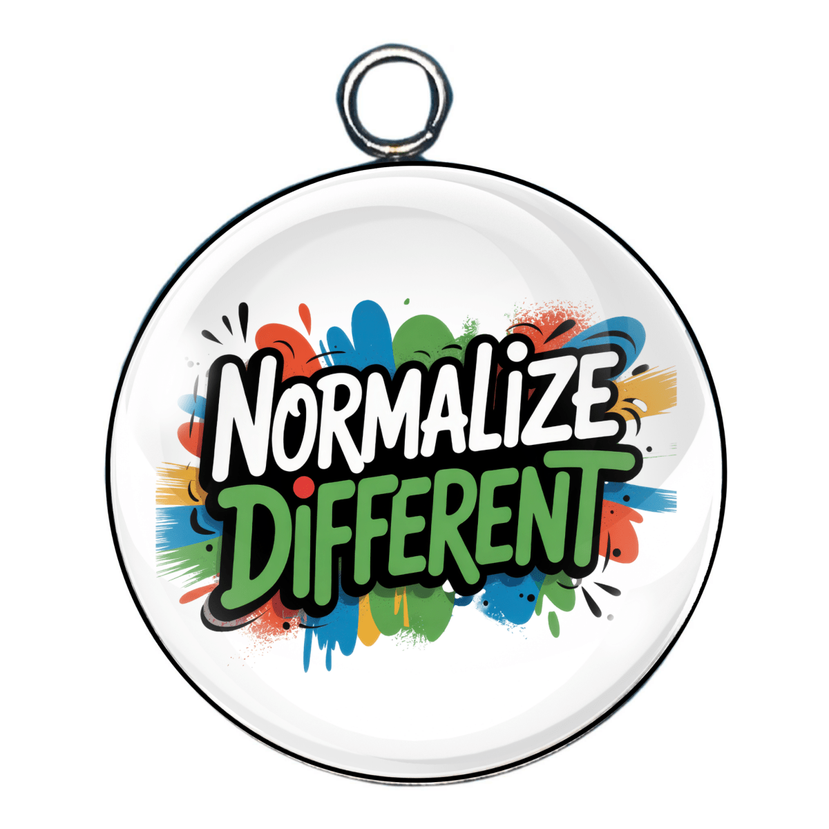 Charm 6:
"Glass cabochon charm saying 'Normalize Different' in stylized font over abstract color."