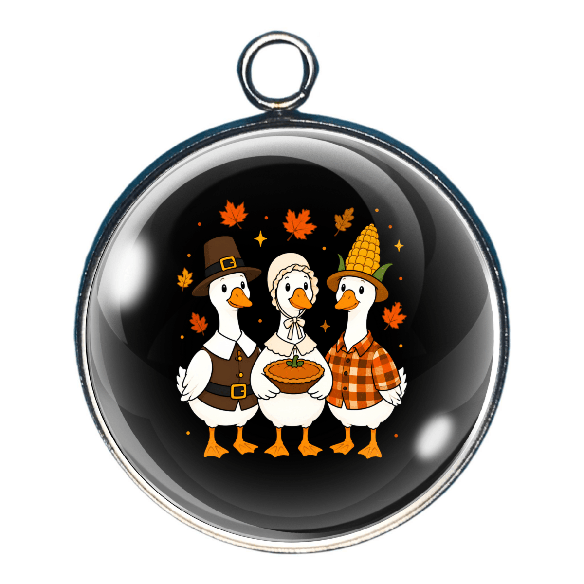 Charm of three white ducks dressed in autumn pilgrim clothing against a black background with orange maple leaves.