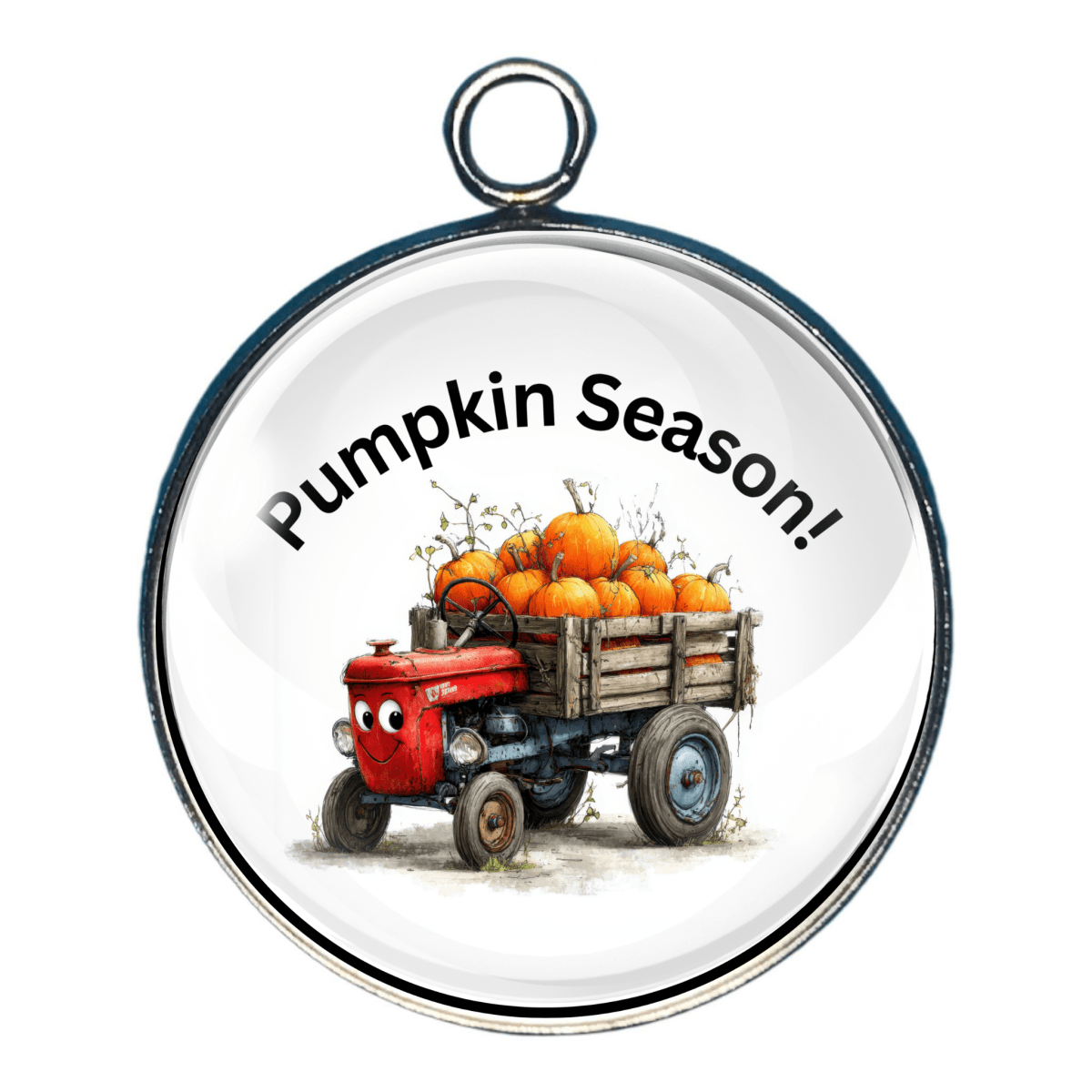 Charm of of a red tractor carrying orange pumpkins and the text 'Pumpkin Season!'