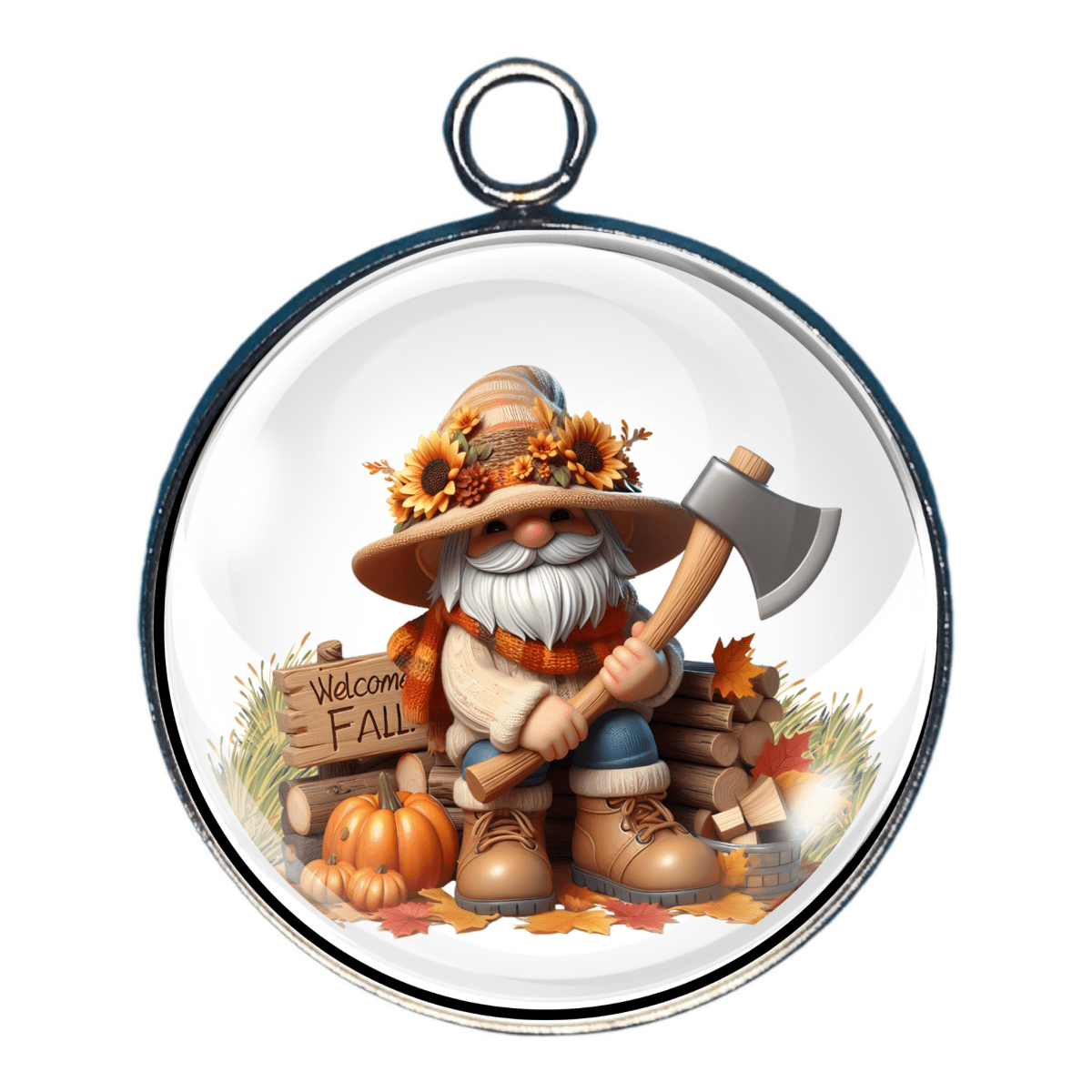 Charm of a whimsical autumn gnome holding an axe and standing beside a 'Welcome Fall' sign