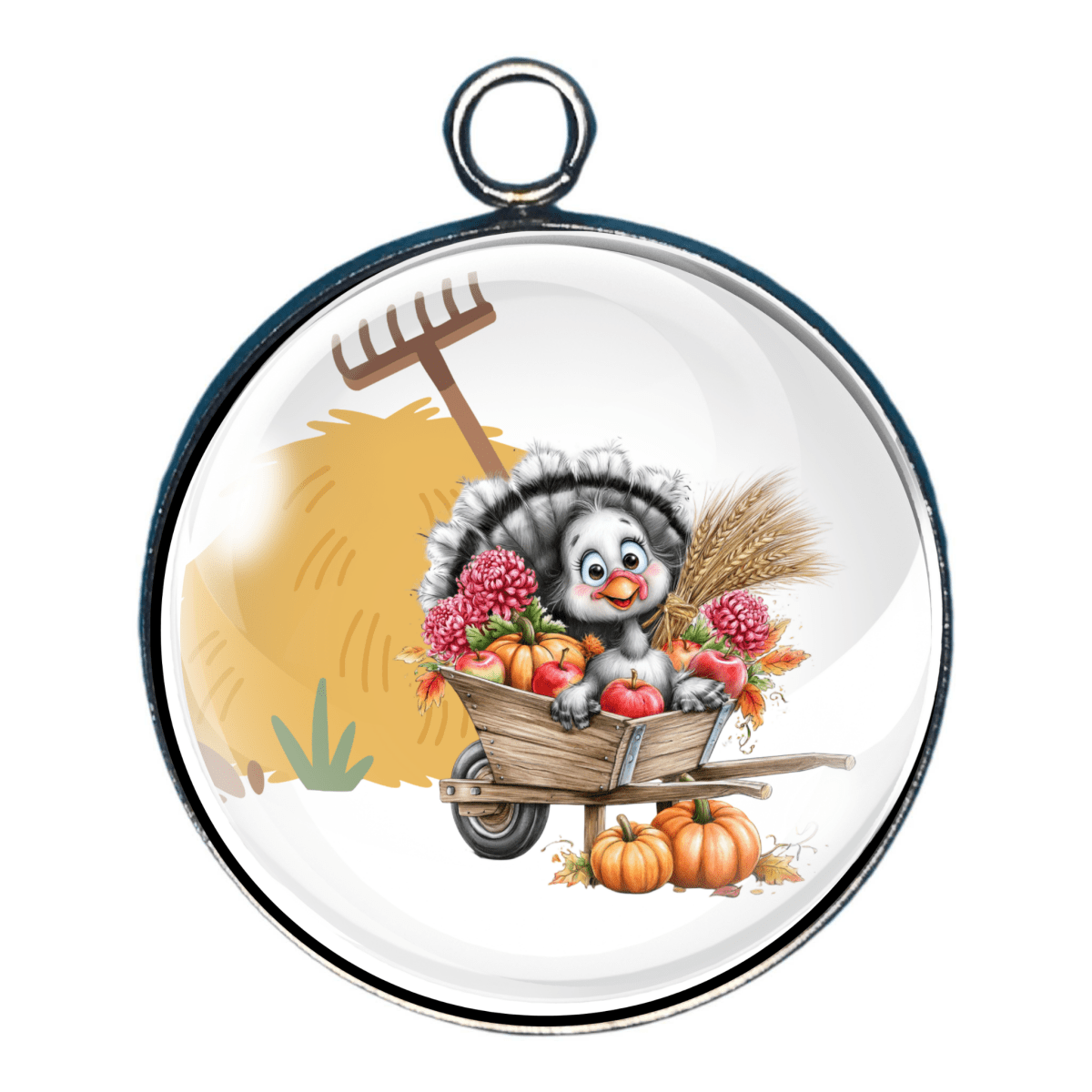 Charm of a cute Turkey in a wheelbarrow with pumpkins, flowers, a rake, and wheat next to a hay stack 