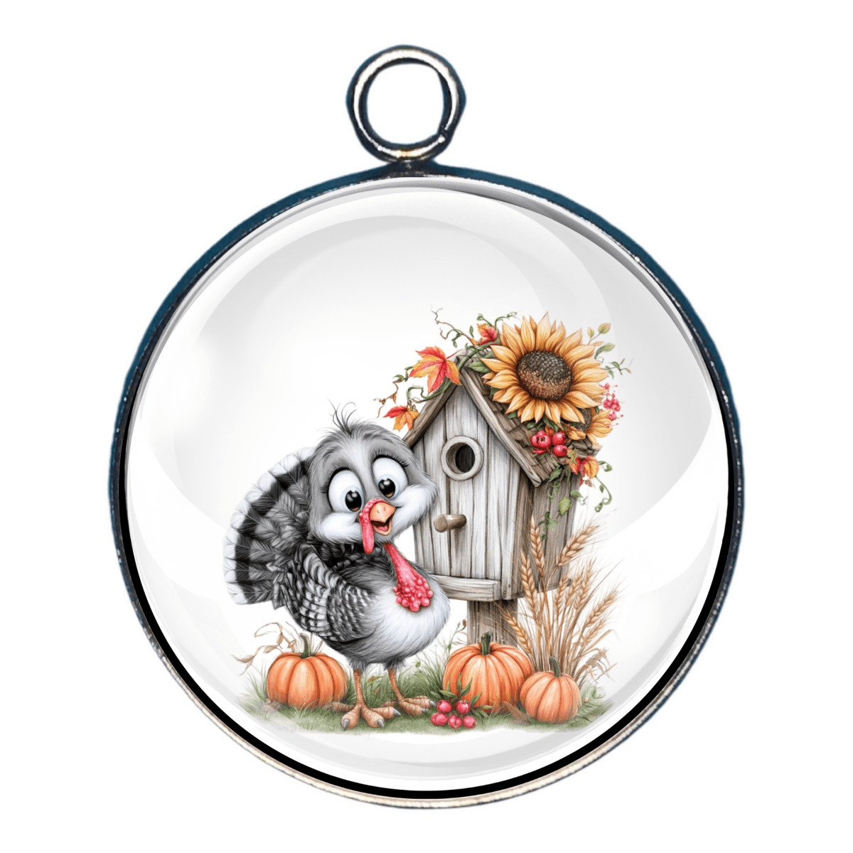 Charm of an adorable turkey next to a small wooden birdhouse decorated with sunflowers and autumn leaves.