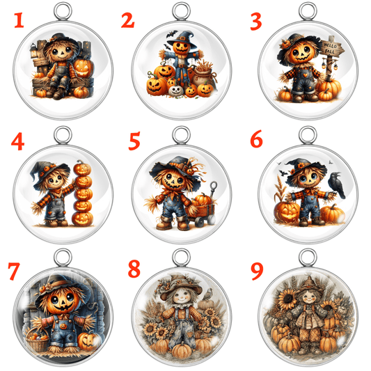 Set of 9 Autumn Scarecrow glass cabochon charms with pumpkins, sunflowers, and harvest designs for fall jewelry making and crafts