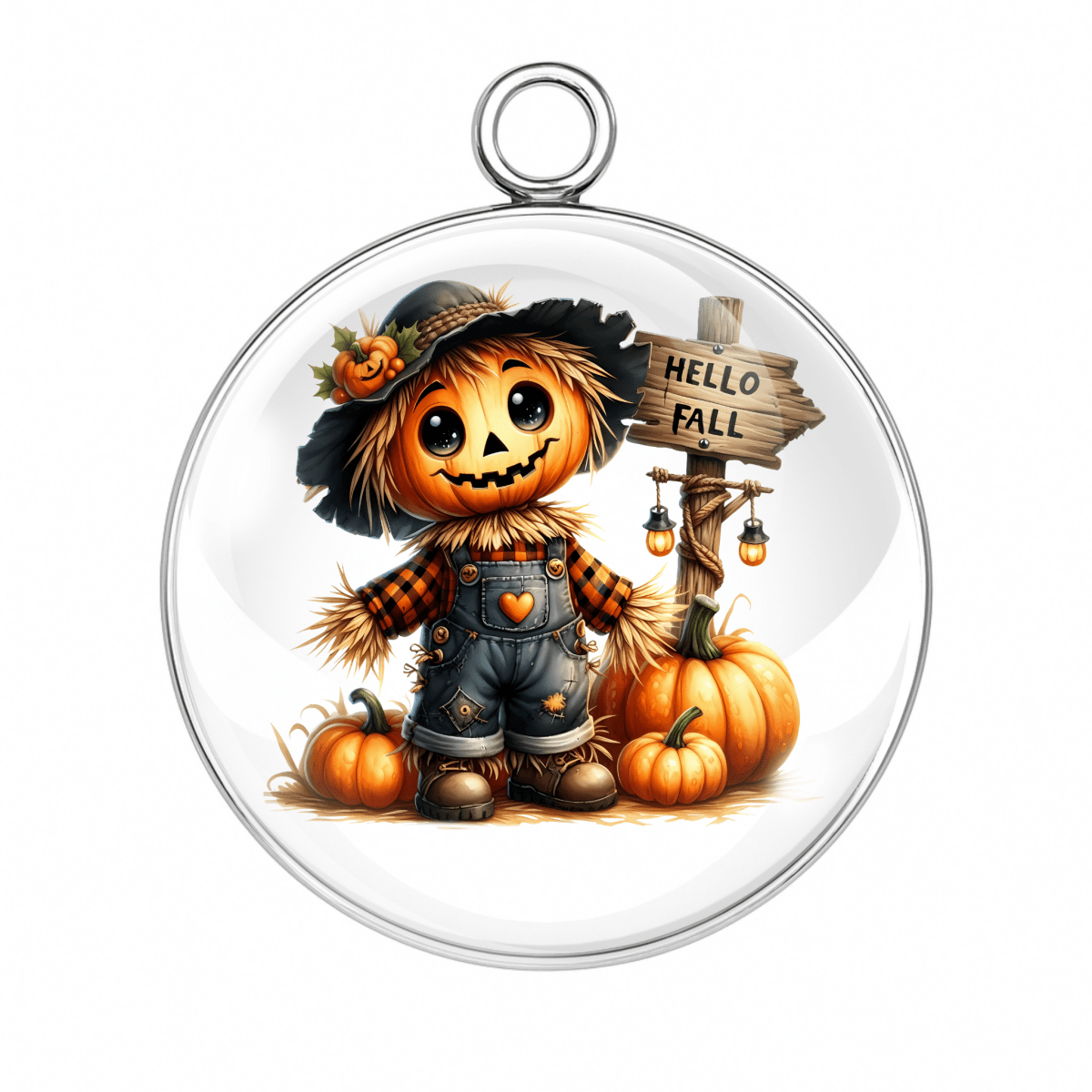 Scarecrow with “Hello Fall” sign & pumpkins