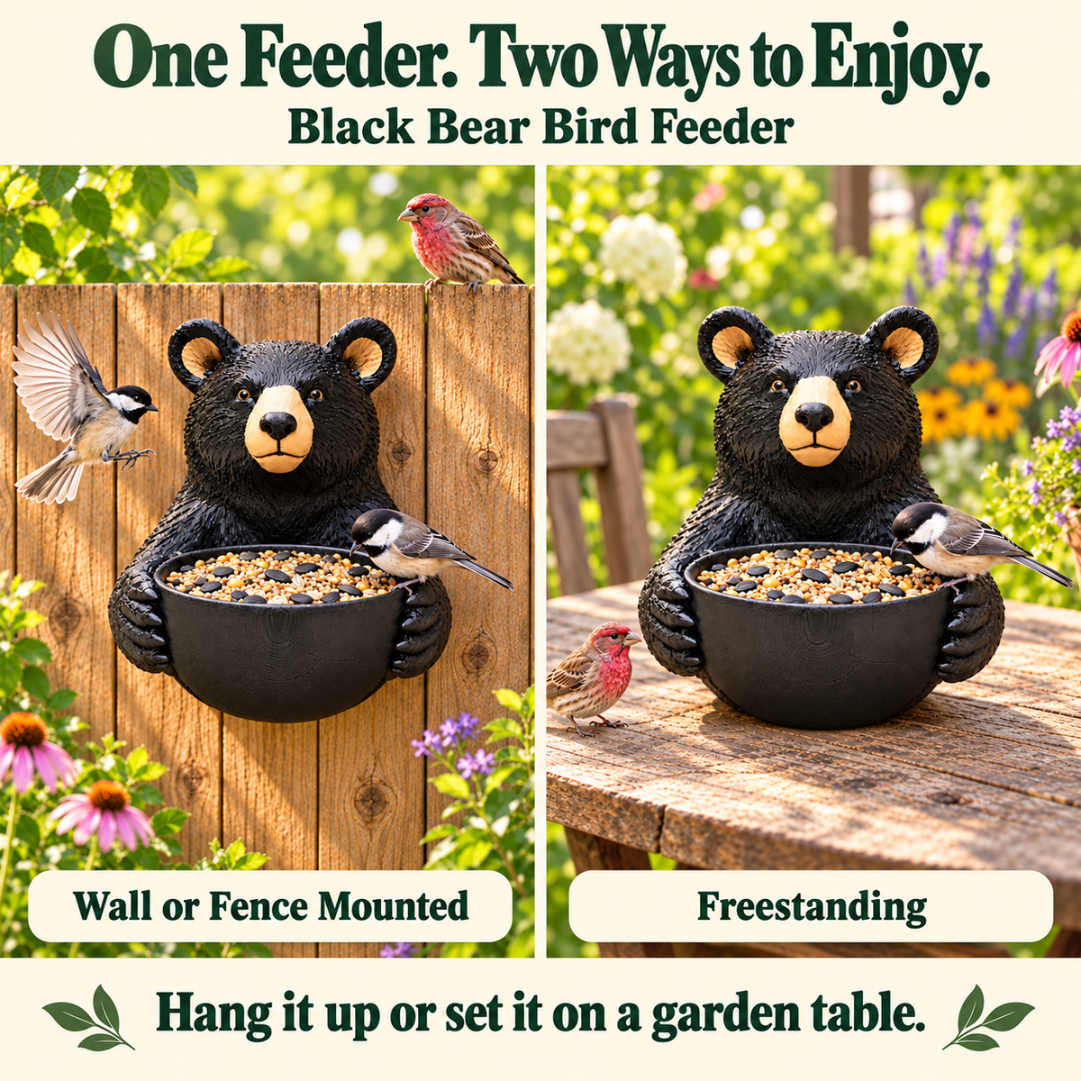 Black Bear Bird Feeder Wall Fence Mounted or Freestanding Garden Decor