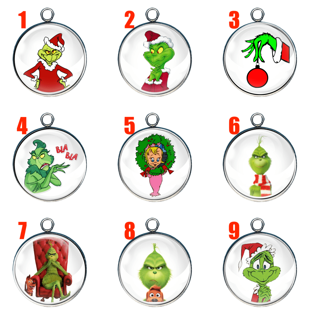 Group of 9 Grinch themed charms