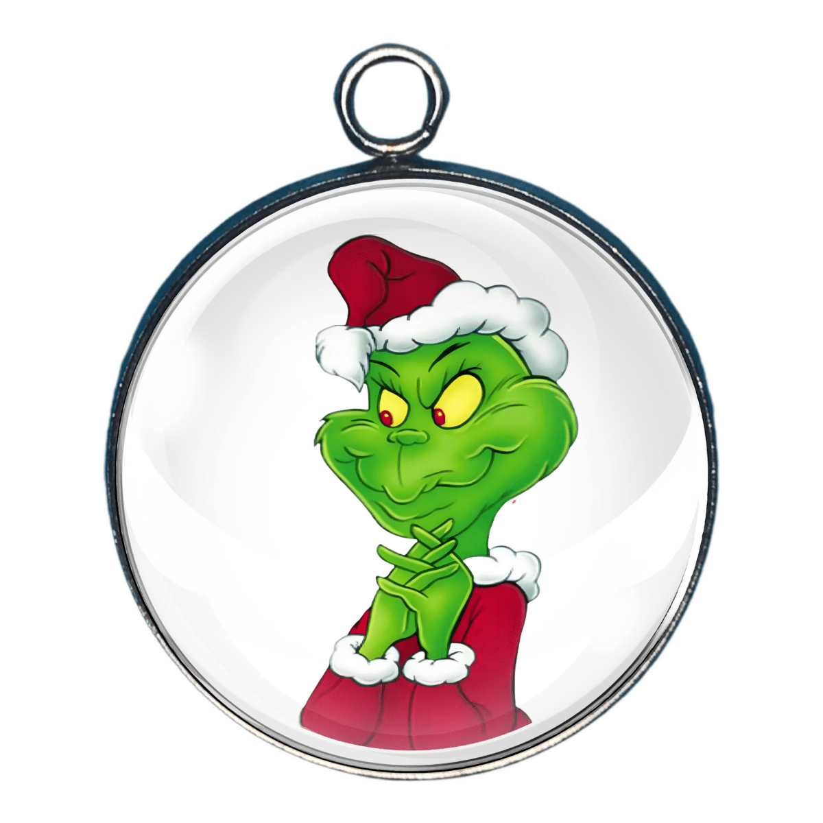 Charm of Grinch smirking with finger on mouth wearing Santa hat