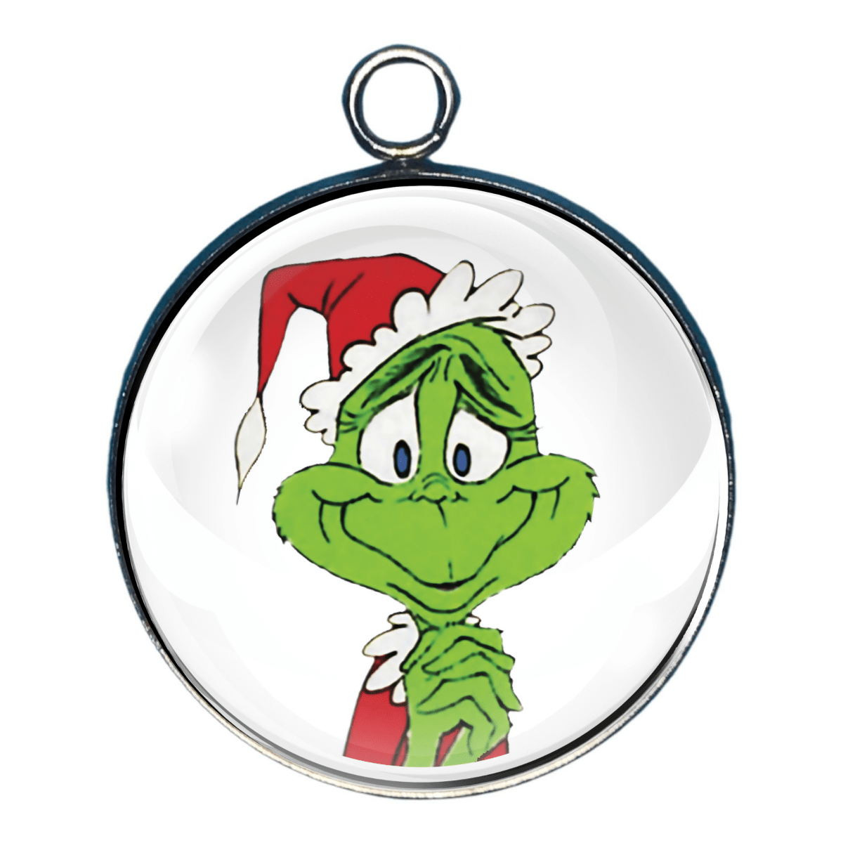 Charm of Grinch wearing Santa hat and wearing a sappy grin